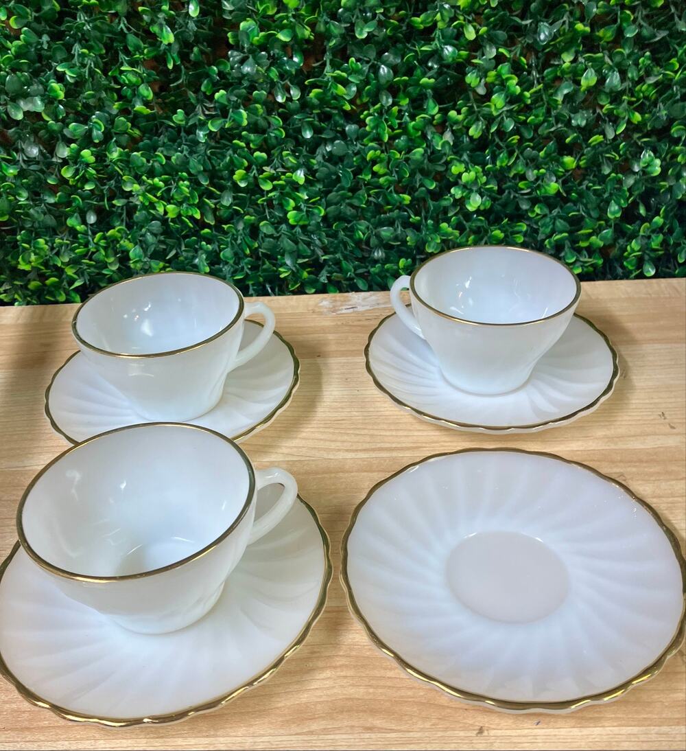 Vintage Fire-King Anchor Hocking Opaque Milk Glass Teacups and Saucers